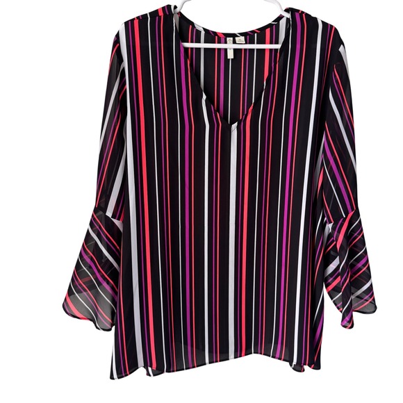 Est. 1946 Tops - Est. 1946 Womens XL Pink Red Black Striped V-Neck Bell Sleeve Chiffon Blouse